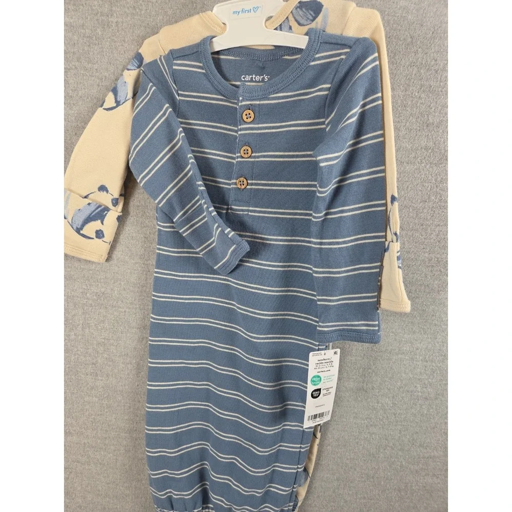 Carters Newborn Baby Sleep Gown Set Panda Bears Blue Stripes Soft Comfort NEW